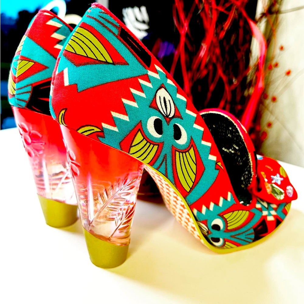 Irregular Choice Red and Teal Geometric Print Sculpted Heels